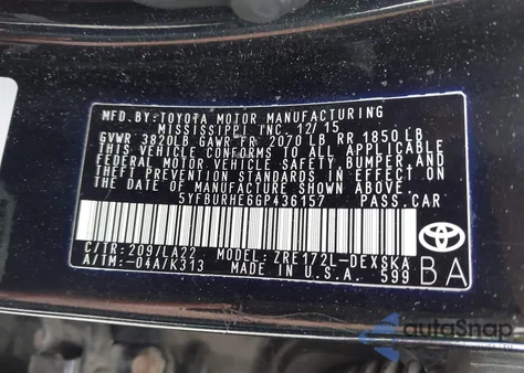 2016 Toyota Corolla S Premium из США, поврежденный, VIN 5YFBURHE6GP436157